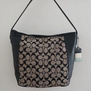 Coach Black Leather Signature Shoulder Handbag 23702 w/ Signature C Black Canvas